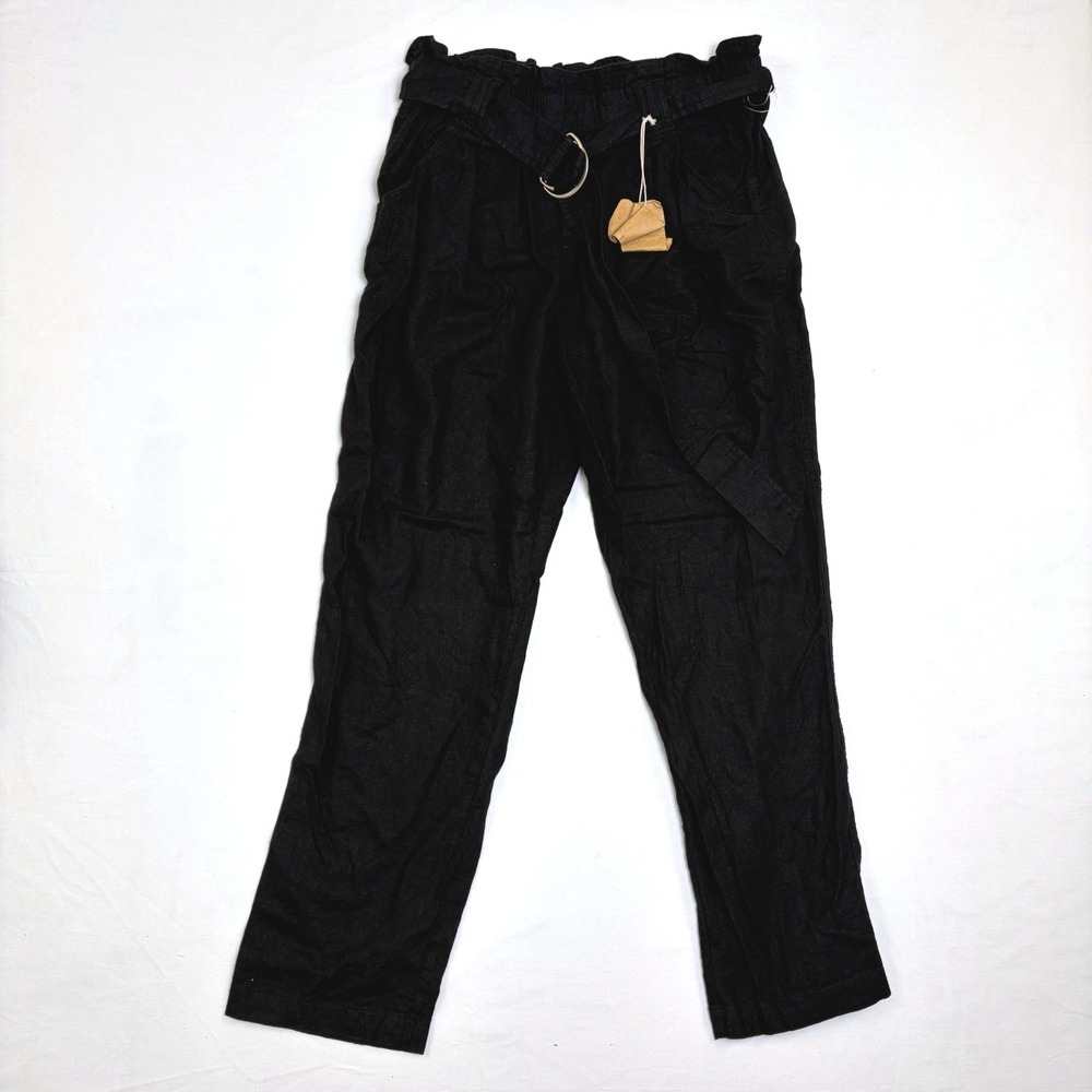 Mason & Belle Black Linen Blend Paperbag Waist Belted Straight Leg Pants Large